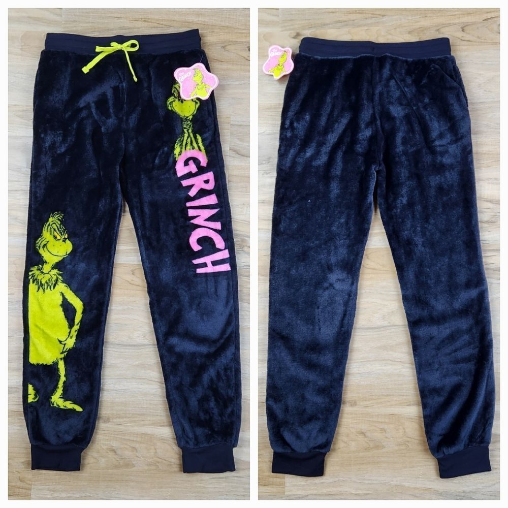 ☔️🔸️NWT The Grinch Black & Green Grinch Graphic Plush Joggers Small - Picture 5 of 12